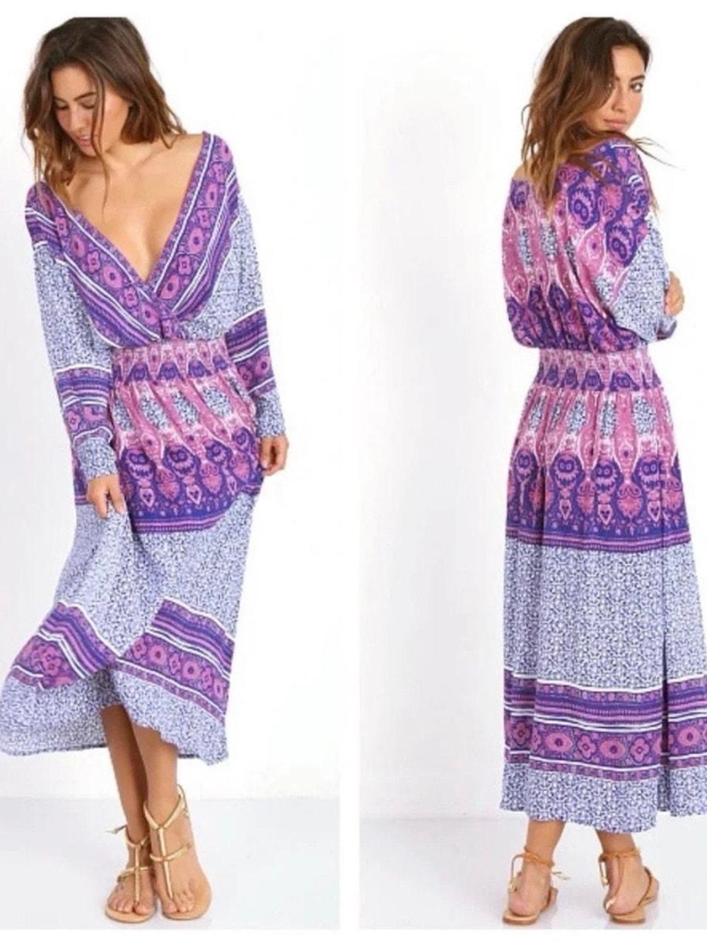Free People Pink & Purple Boho Wrap Midi Dress